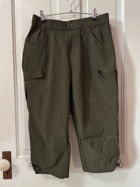 Women’s Olive Cargo Pants with Elastic Waist and Drawcord Hem